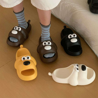 Cute black cartoon dog EVA slide sandals with big white eyes and small tail, lightweight all-EVA indoor shoes