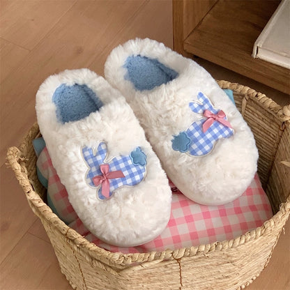 Cute White bunny plush slippers with blue gingham bows and straps, fuzzy indoor shoes with EVA sole