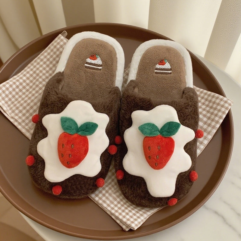 Cute brown strawberry cake design plush slippers with cream topping and red strawberry, indoor shoes with PVC sole