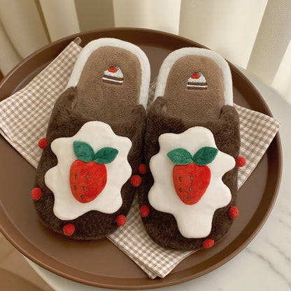 Cute brown strawberry cake design plush slippers with cream topping and red strawberry, indoor shoes with PVC sole