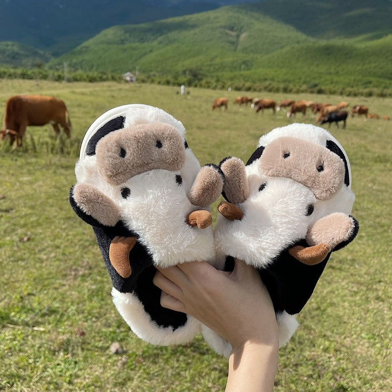 Cute white and black cow plush slide slippers with brown horns and big nose, fuzzy indoor shoes with TPR sole