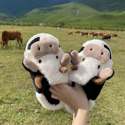 Cute white and black cow plush slide slippers with brown horns and big nose, fuzzy indoor shoes with TPR sole