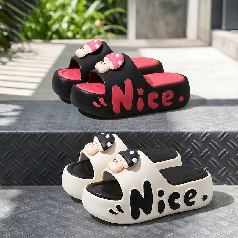 Cute beige mushroom character EVA slide sandals with black dot cap and "Nice" print, chunky indoor shoes