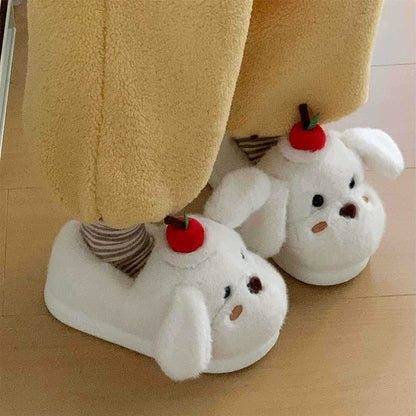 Cute white dog plush slippers with floppy ears and apple topper, fuzzy indoor shoes with EVA sole