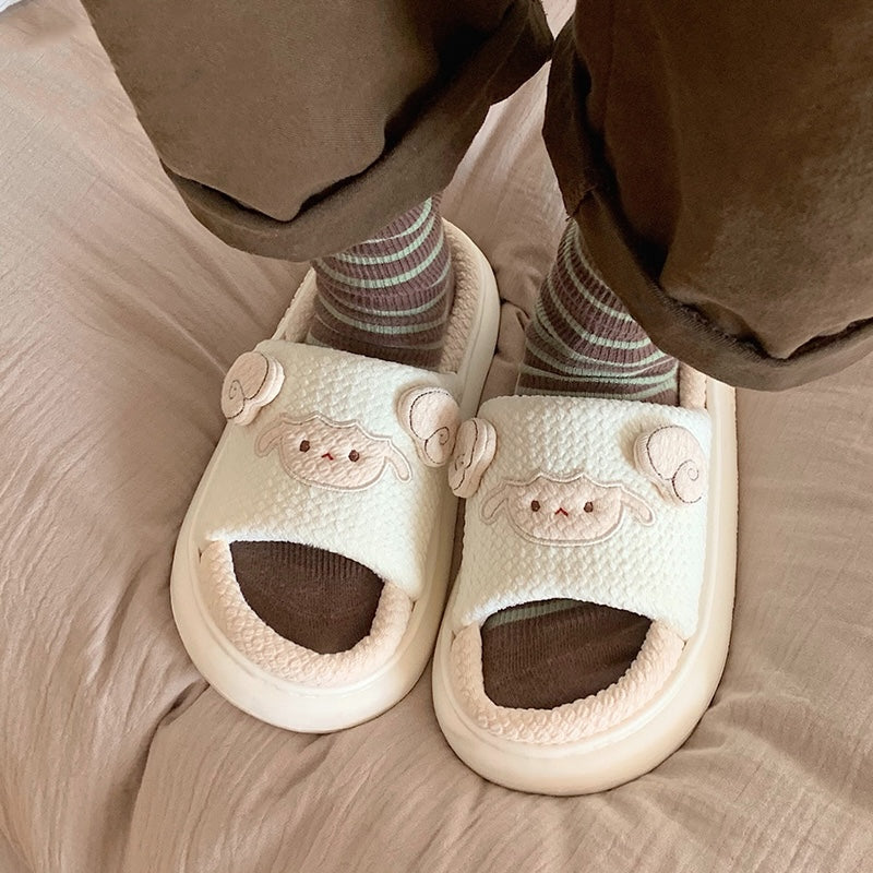 Cute cream sheep linen slippers with 3D sheep face and ears, breathable fabric indoor shoes with EVA sole