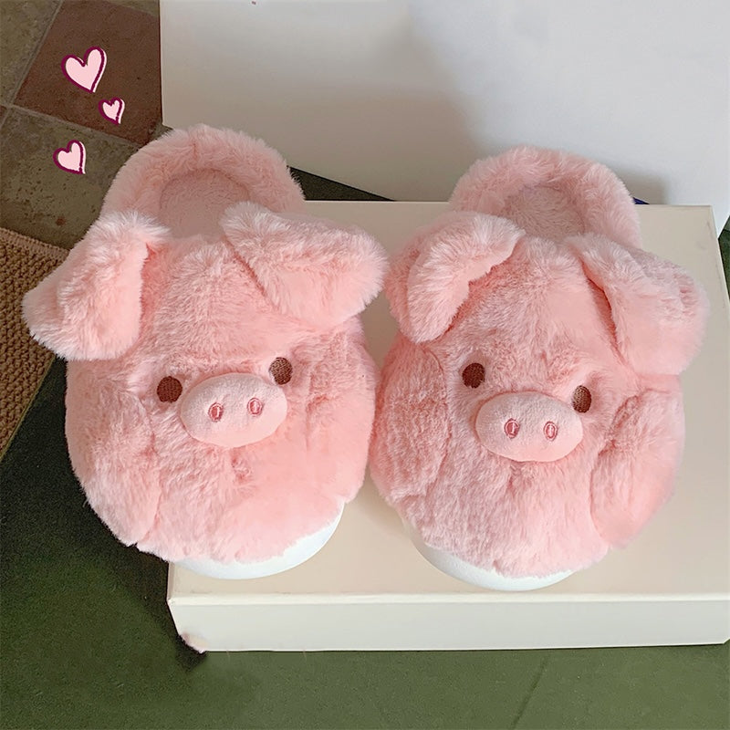 Cute pink pig plush slippers with floppy ears and 3D snout, fuzzy indoor shoes with EVA sole