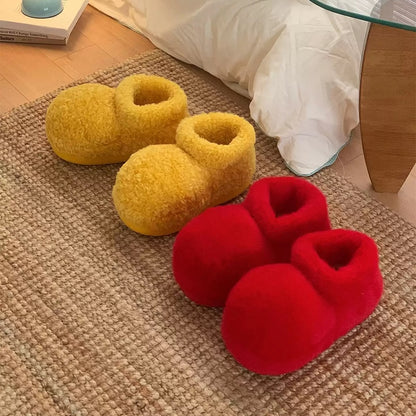 Cute yellow oversized toe plush slippers with fleece texture and TPR sole, warm indoor shoes