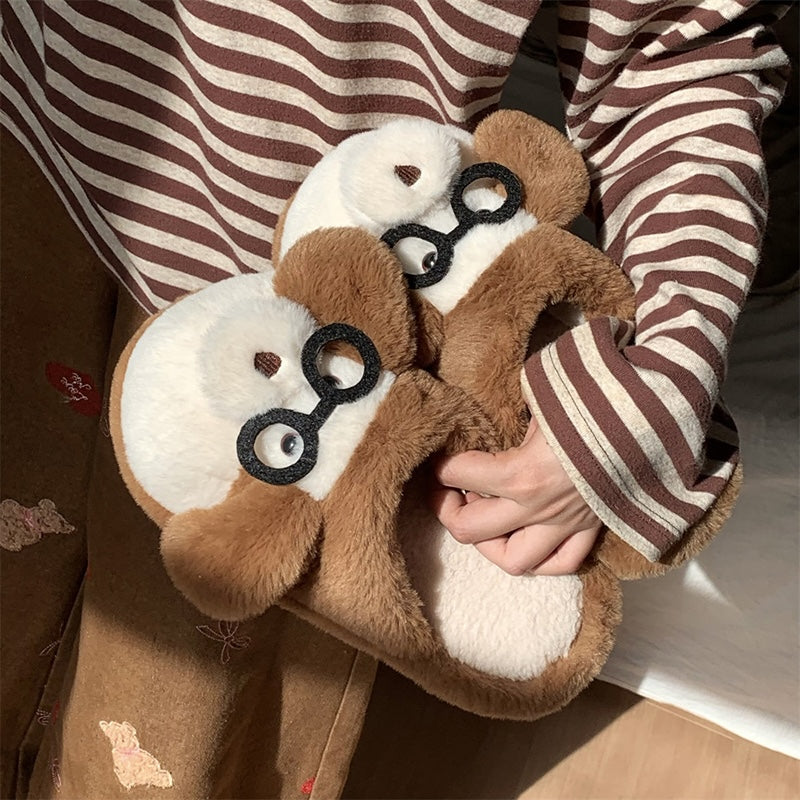 Cute brown monkey plush slide slippers with black glasses and white muzzle, indoor shoes with EVA sole