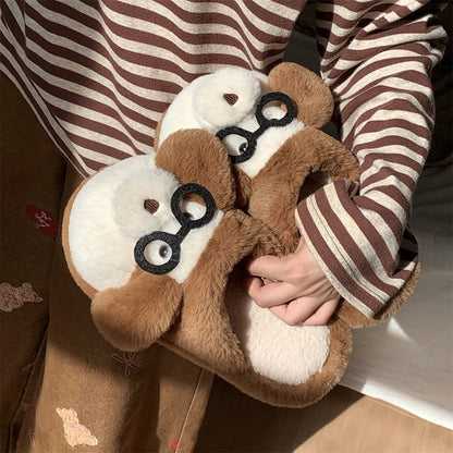 Cute brown monkey plush slide slippers with black glasses and white muzzle, indoor shoes with EVA sole