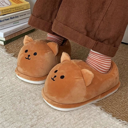 Cute brown bear face bootie slippers with 3D ears and embroidered smile, fuzzy indoor shoes with PVC sole