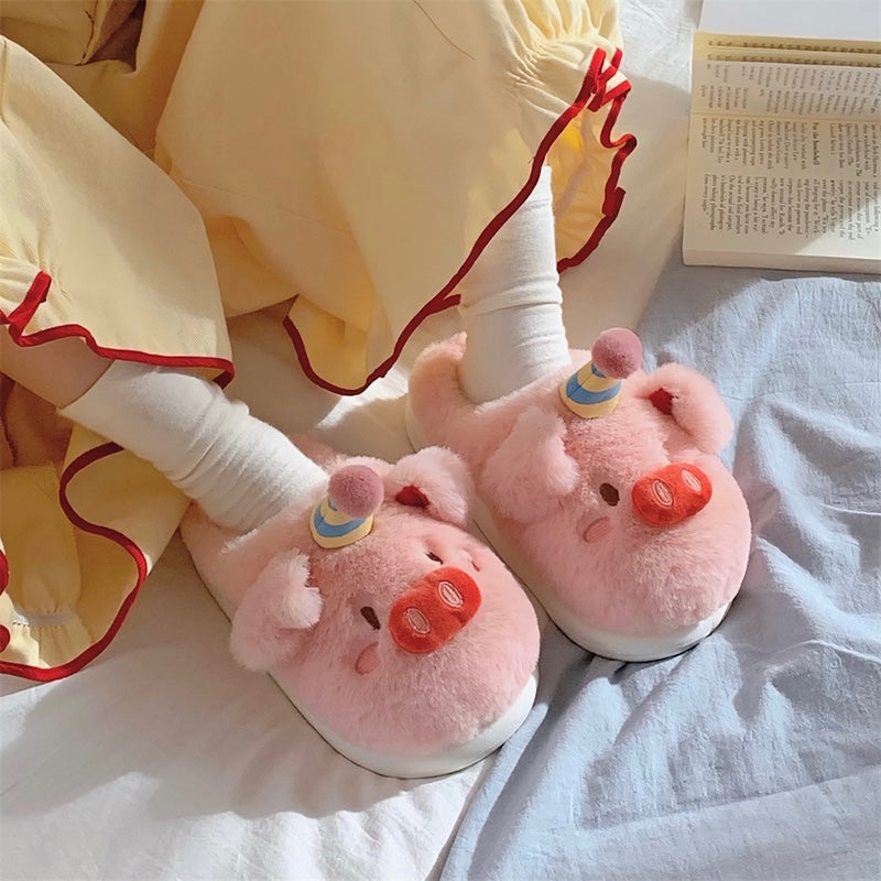Cute pink birthday pig plush slippers with striped party hat, pom-pom, and red cherry accent, indoor shoes with EVA sole