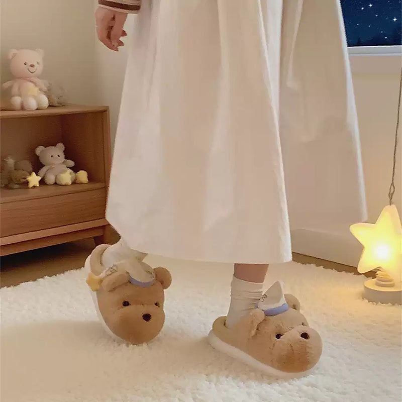 Cute khaki bear plush slippers with blue and white fabric hat and star charm, indoor shoes with EVA sole