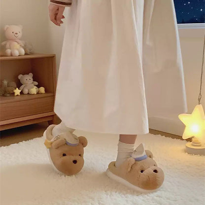 Cute khaki bear plush slippers with blue and white fabric hat and star charm, indoor shoes with EVA sole