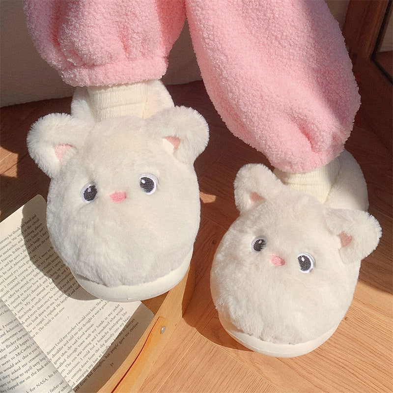 Cute milky white animal plush slippers with big round eyes and pink nose, fluffy faux fur indoor shoes with EVA sole