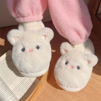 Cute milky white animal plush slippers with big round eyes and pink nose, fluffy faux fur indoor shoes with EVA sole