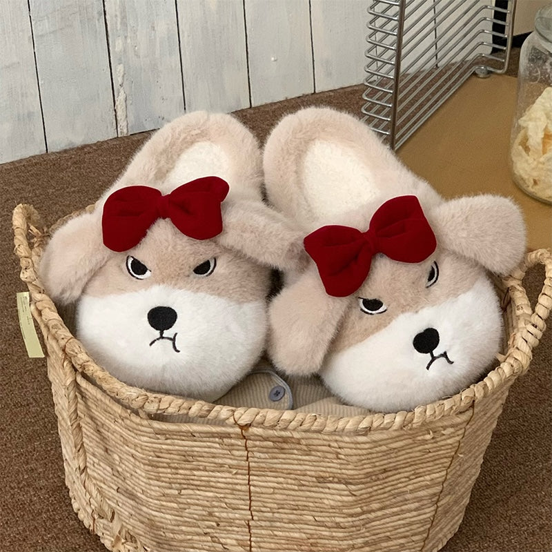 Cute khaki dog plush slippers with floppy ears, closed eyes, and removable red bow, fuzzy indoor shoes with EVA sole