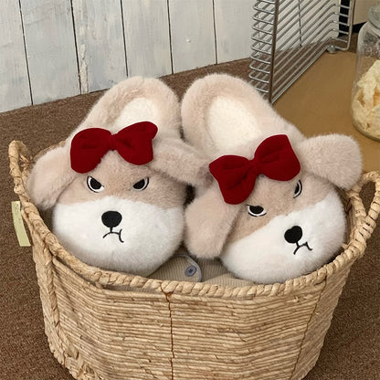 Cute khaki dog plush slippers with floppy ears, closed eyes, and removable red bow, fuzzy indoor shoes with EVA sole
