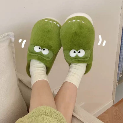 Cute green crocodile plush slippers with big white googly eyes and flat teeth, fuzzy indoor shoes with EVA sole