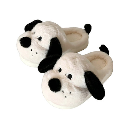 Cute white dog plush slippers with black floppy ears, black nose, and tail, fuzzy indoor shoes with EVA sole