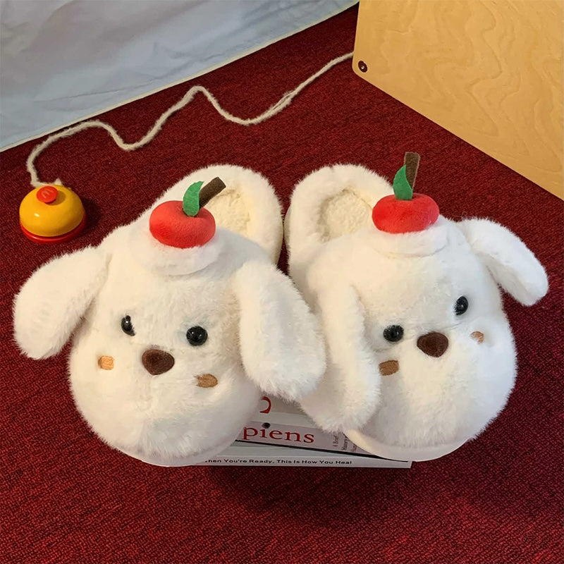 Cute white dog plush slippers with floppy ears and apple topper, fuzzy indoor shoes with EVA sole