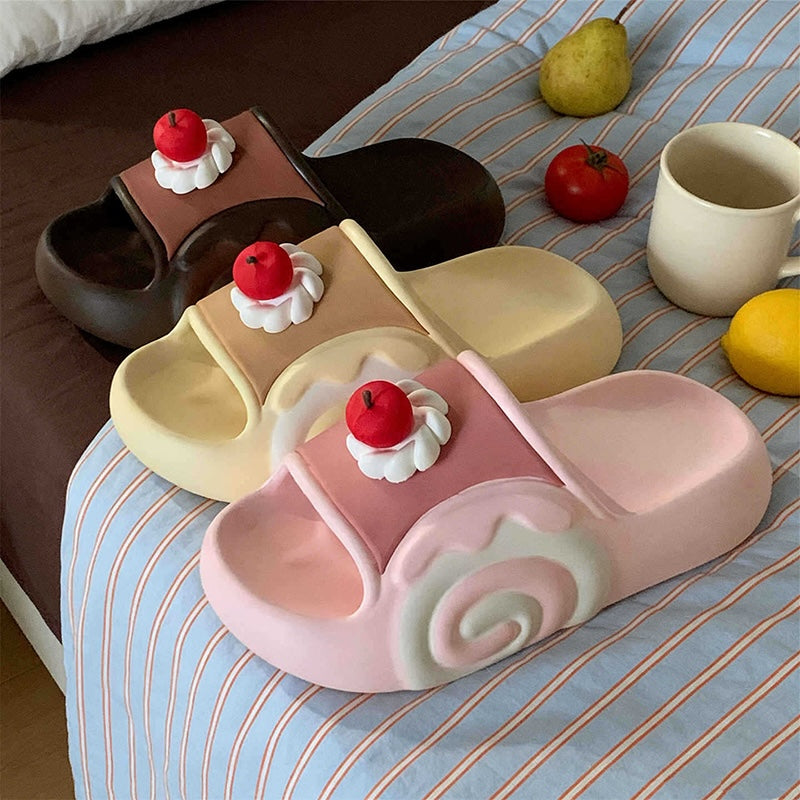 Cute blue cherry cake EVA slide sandals with cream swirl and cherry topper, lightweight indoor shoes