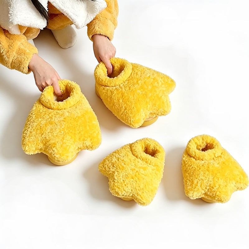 Cute yellow duck webbed foot plush slippers with high ankle cuff and fleece texture, indoor shoes