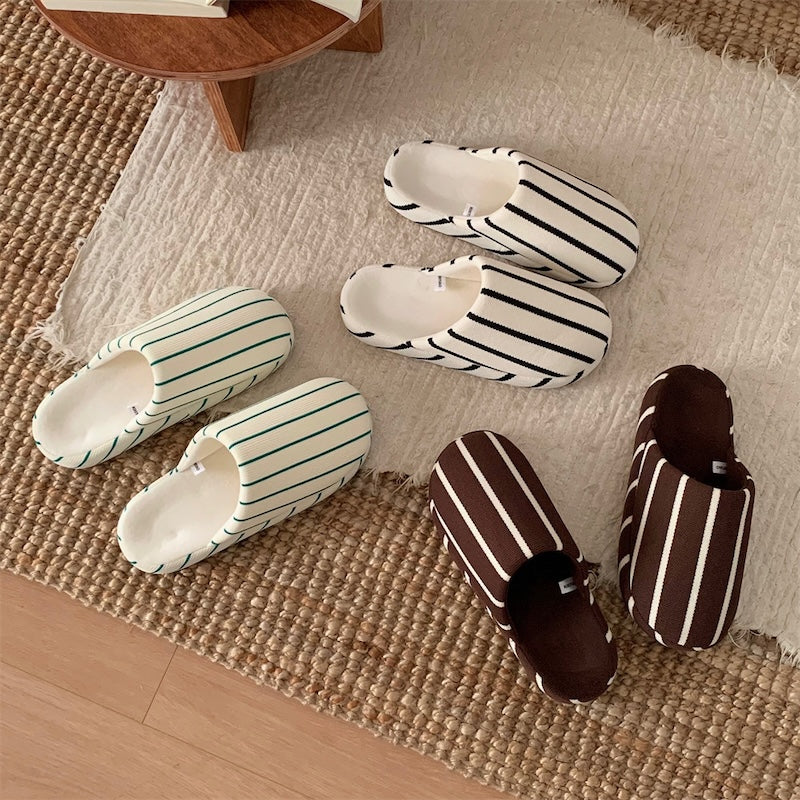 Brown striped linen slippers with woven texture and dark brown lining, indoor shoes with TPR sole