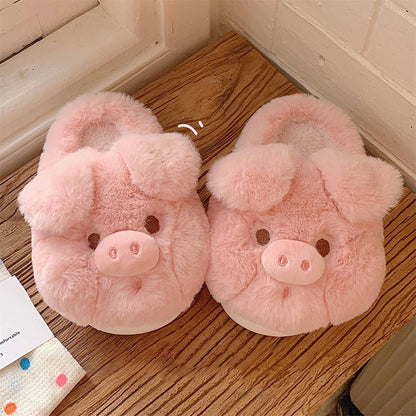 Cute pink pig plush slippers with floppy ears and 3D snout, fuzzy indoor shoes with EVA sole
