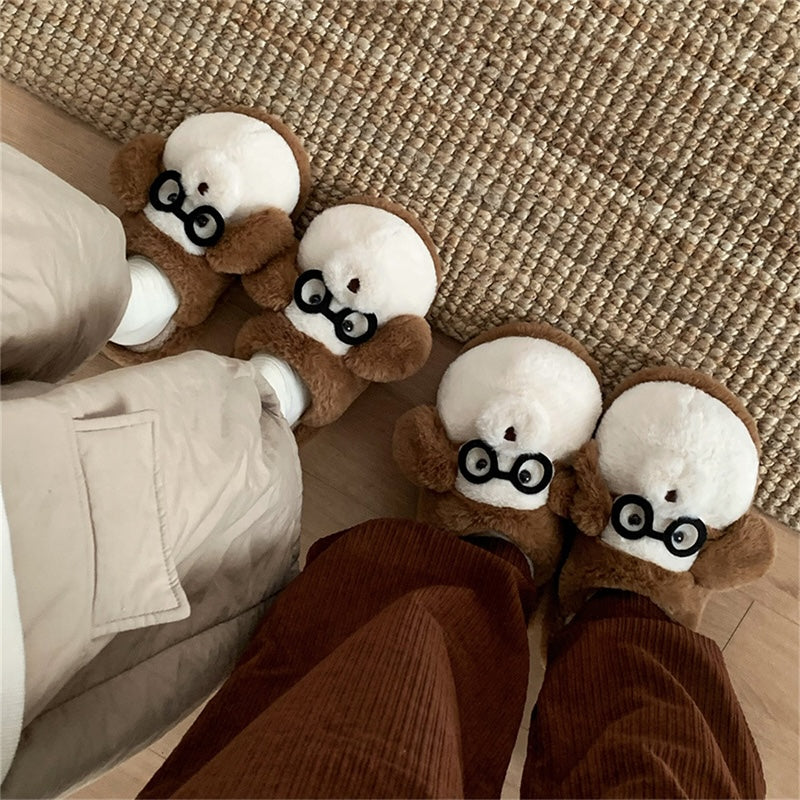 Cute brown monkey plush slide slippers with black glasses and white muzzle, indoor shoes with EVA sole