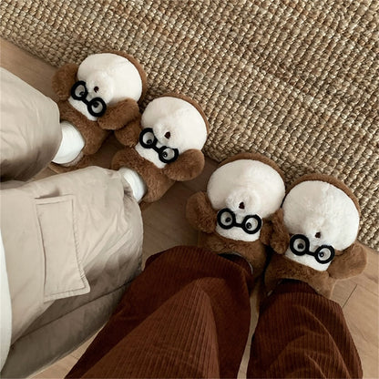 Cute brown monkey plush slide slippers with black glasses and white muzzle, indoor shoes with EVA sole