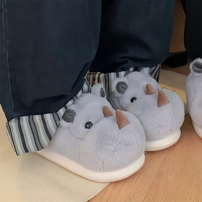 Cute grey rhino plush slippers with brown horns and black fluffy lining, fuzzy indoor shoes with EVA sole