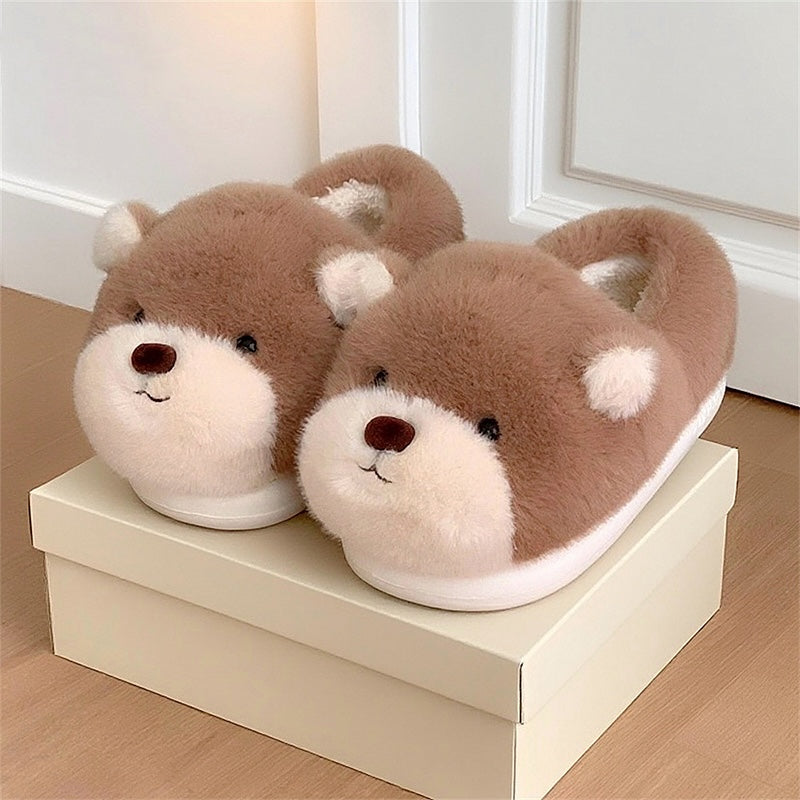 Cute light brown bear design closed-back plush slippers with white muzzle and white inner ears, indoor shoes with EVA sole