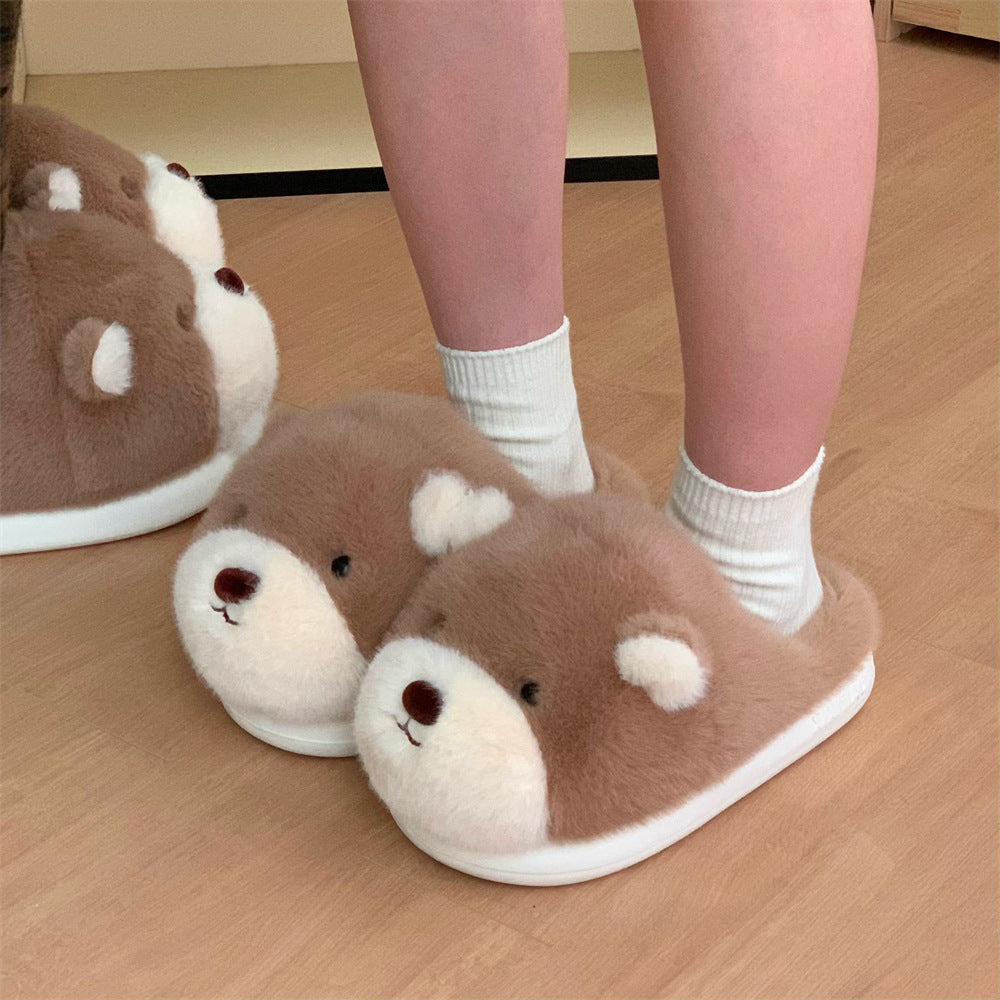 Cute light brown bear design plush slippers with white muzzle and white inner ears, indoor shoes with EVA sole