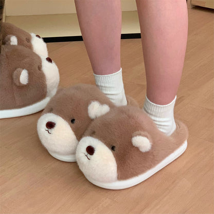 Cute light brown bear design plush slippers with white muzzle and white inner ears, indoor shoes with EVA sole