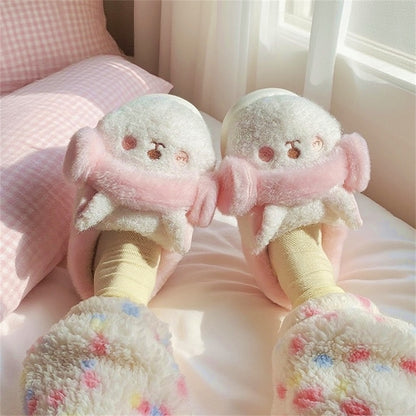 Cute white and pink bunny plush slippers with fuzzy earmuffs and pink blush cheeks, indoor shoes with EVA sole