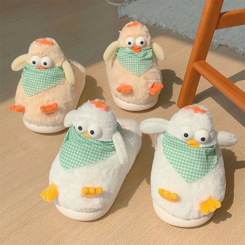 Cute white chicken plush slippers with green plaid scarf, big eyes, and orange details, fuzzy faux fur indoor shoes with EVA sole