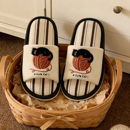 Cute white cat and yarn embroidery slippers with red yarn and striped footbed, flat indoor shoes with PVC sole
