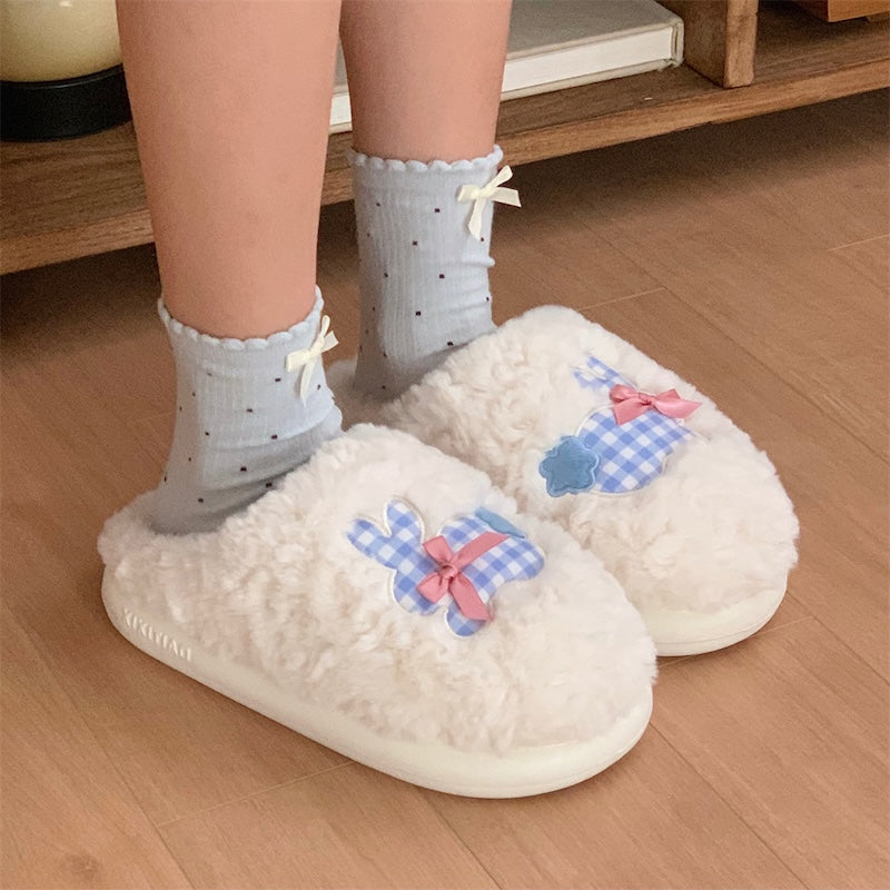 Cute White bunny plush slippers with blue gingham bows and straps, fuzzy indoor shoes with EVA sole