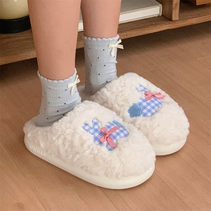 Cute White bunny plush slippers with blue gingham bows and straps, fuzzy indoor shoes with EVA sole