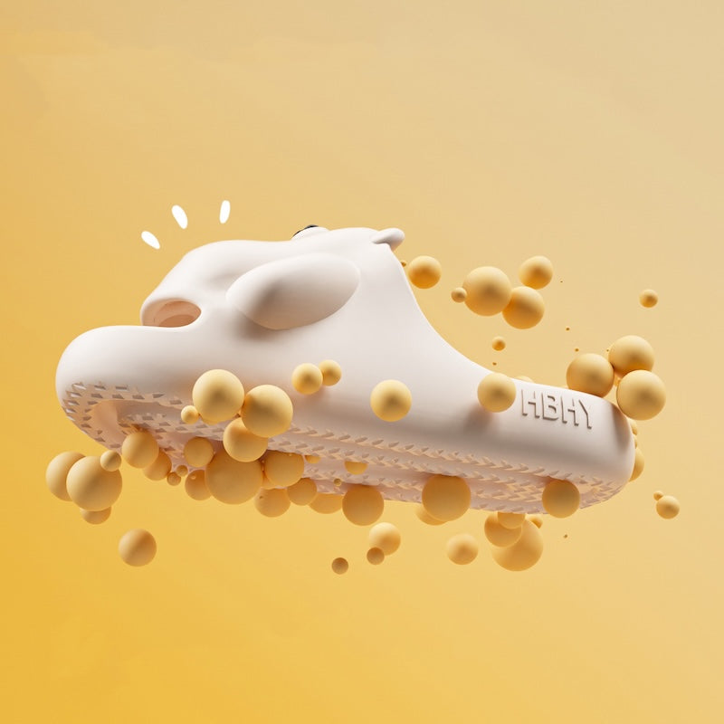 Cute milky white 3D bear EVA slide sandals with round ears and hugging arms, lightweight indoor shoes