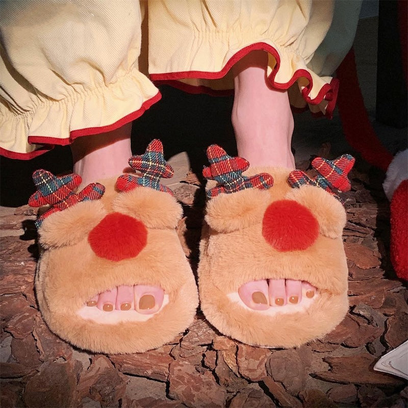 Cute light brown Christmas reindeer plush slippers with plaid ribbon antlers and red nose, fuzzy indoor shoes with PVC sole