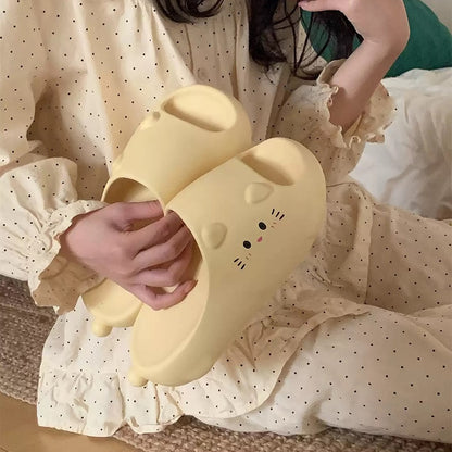 Cute cream cat EVA slide sandals with 3D ears and printed face, lightweight indoor slip-on shoes