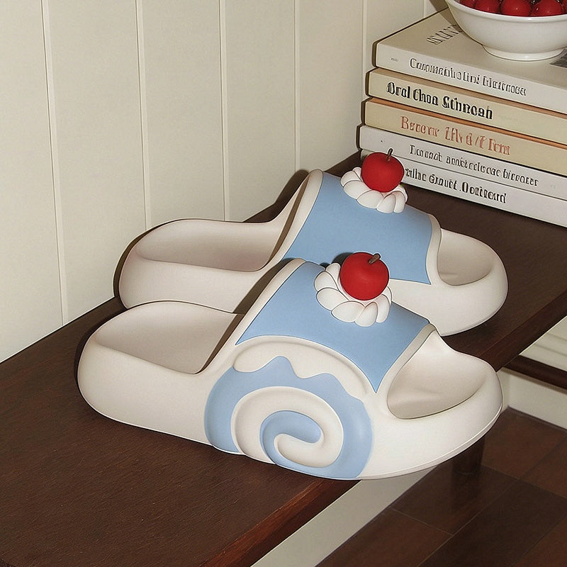Cute blue cherry cake EVA slide sandals with cream swirl and cherry topper, lightweight indoor shoes