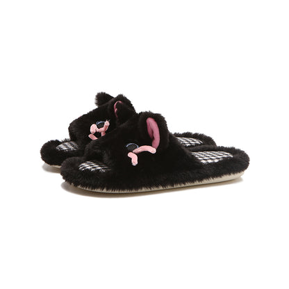 Cute black cat plush slippers with pink 3D whiskers and houndstooth footbed, fuzzy indoor shoes with EVA sole