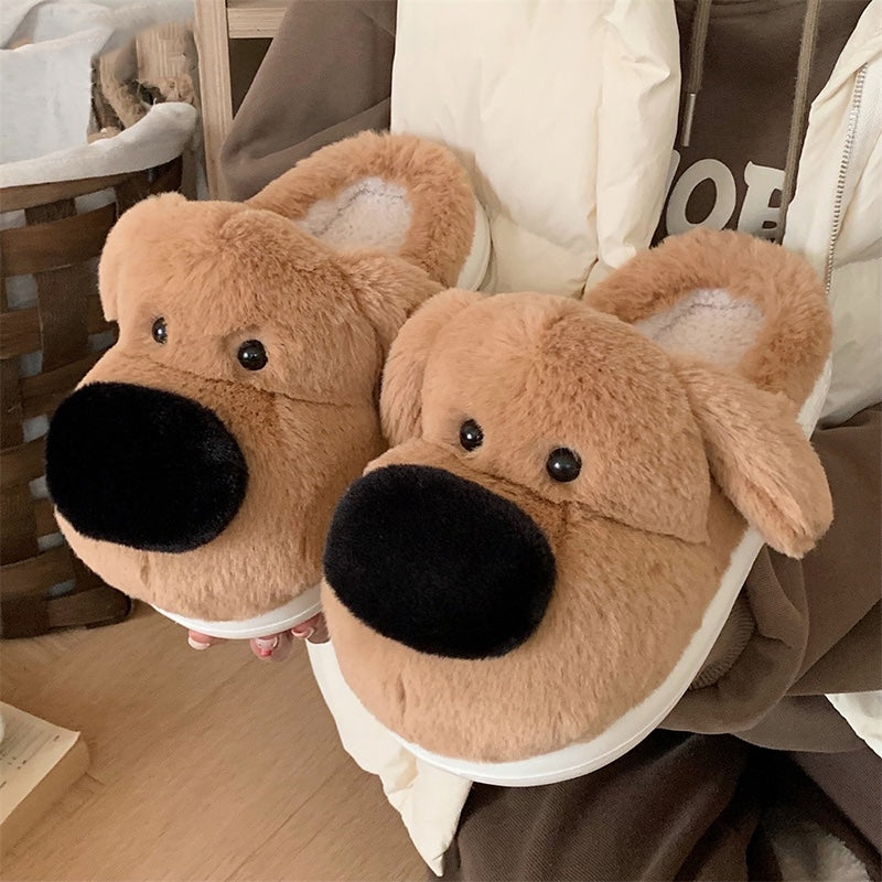 Cute brown big nose dog plush slippers with black dot eyes and floppy ears, closed-back fuzzy indoor shoes with EVA sole