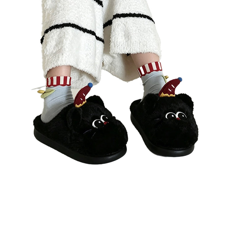 Cute black clown cat plush slippers with red hat, blue pom-pom, and red nose, fuzzy indoor shoes