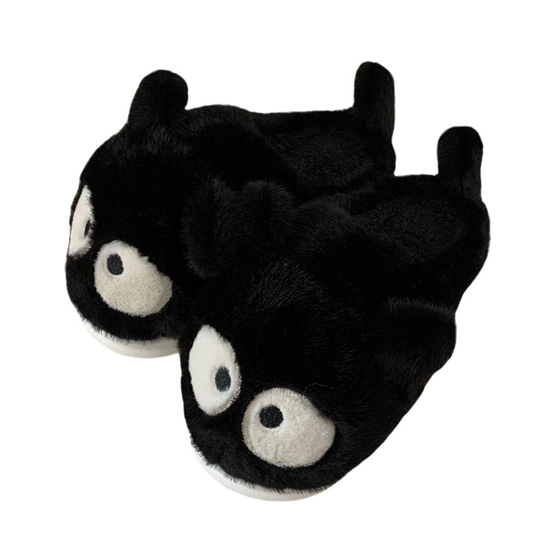 Cute black cat plush slippers with big googly eyes and tail, closed-back fuzzy indoor shoes with EVA sole