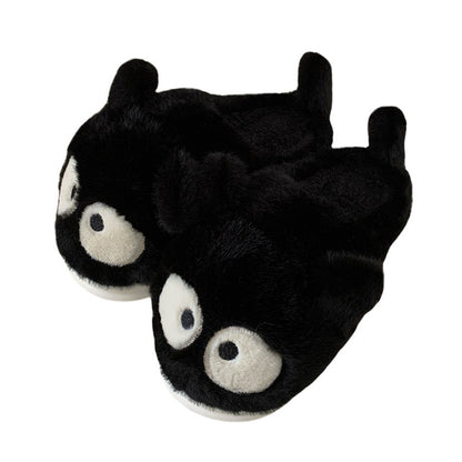 Cute black cat plush slippers with big googly eyes and tail, closed-back fuzzy indoor shoes with EVA sole