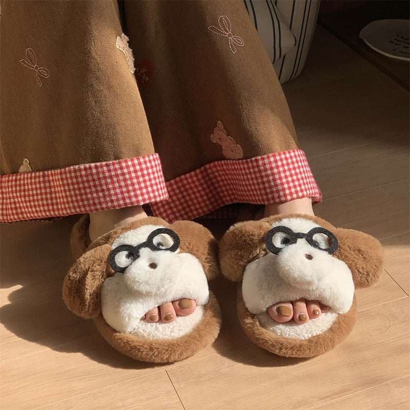 Cute brown monkey plush slide slippers with glasses and white muzzle, indoor shoes with EVA sole