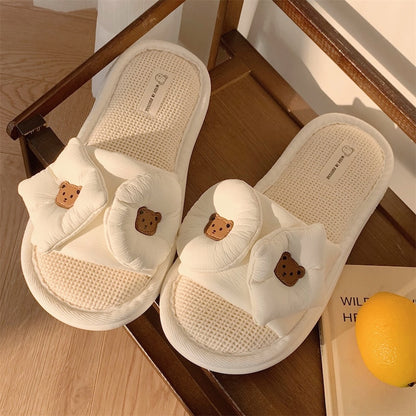Cute white bear puff slippers with bow design and brown bear face, PU and fabric indoor shoes with PVC sole